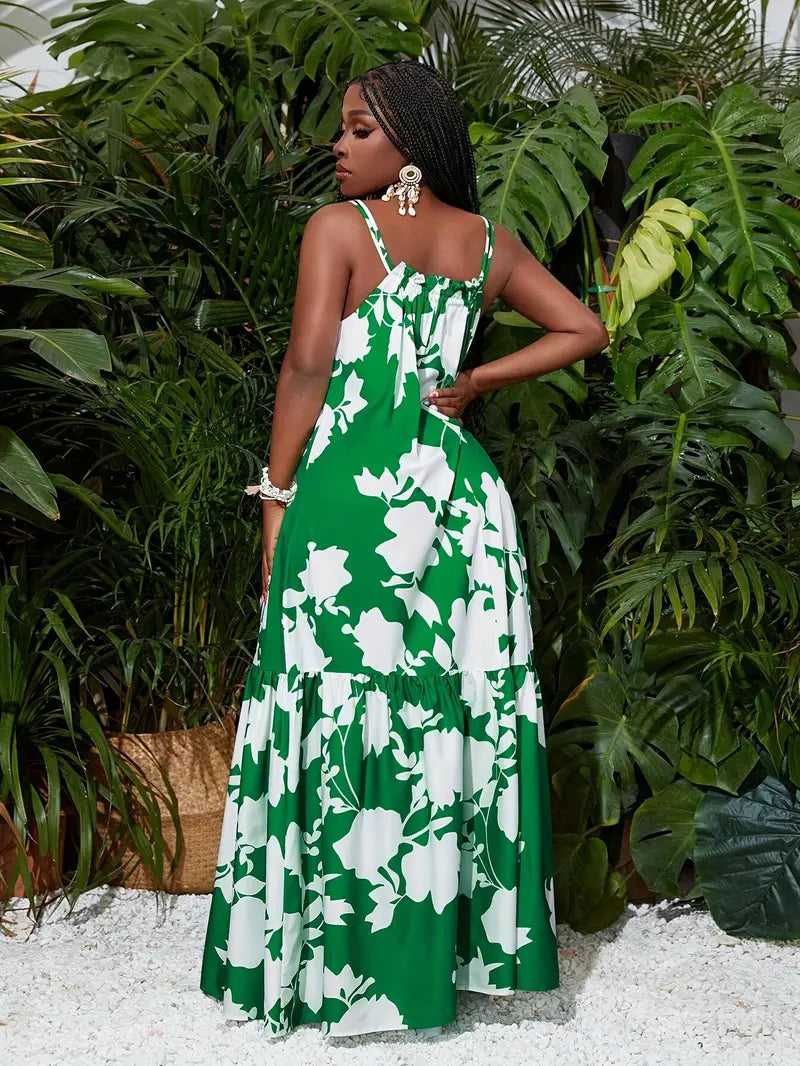 Suspender A-hem all over printed maxi dress in green