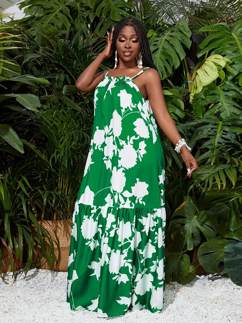 Suspender A-hem all over printed maxi dress in green