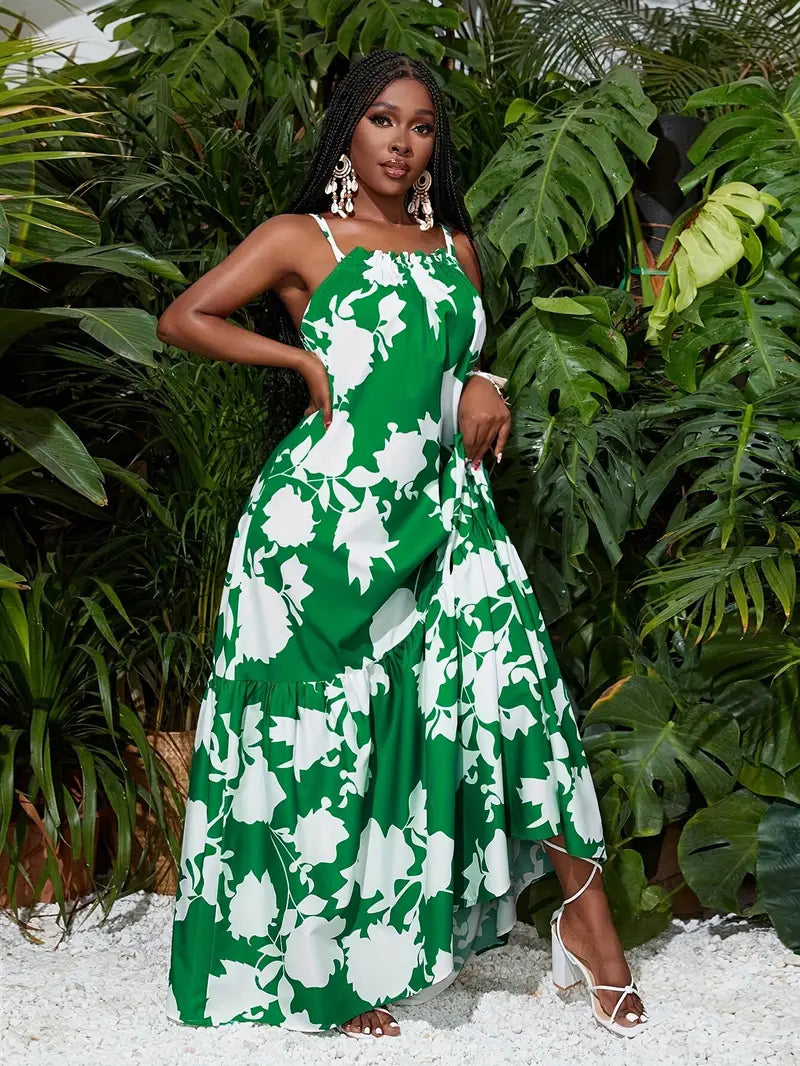 Suspender A-hem all over printed maxi dress in green