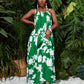 Suspender A-hem all over printed maxi dress in green