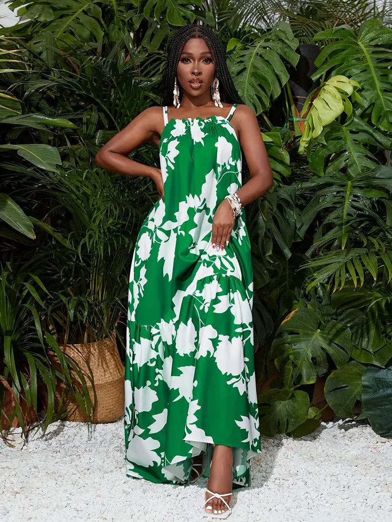 Suspender A-hem all over printed maxi dress in green