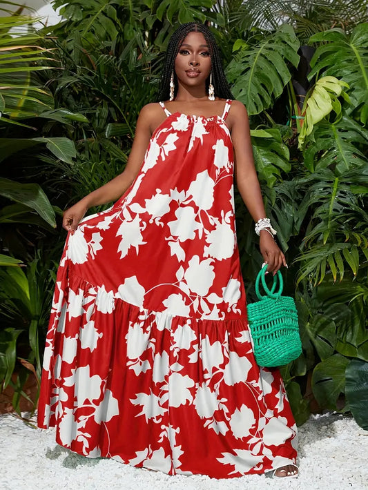 Suspender A-hem all over printed maxi dress in red