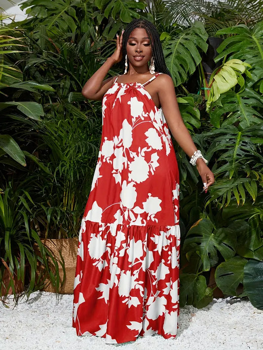 Suspender A-hem all over printed maxi dress in red
