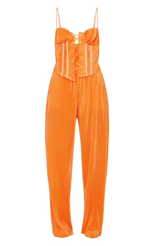 Tangerine Plisse lace up eyelet detail strappy jumpsuit