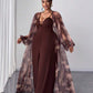 Tie-dye print lantern sleeve outerwear and wide leg jumpsuit in brown