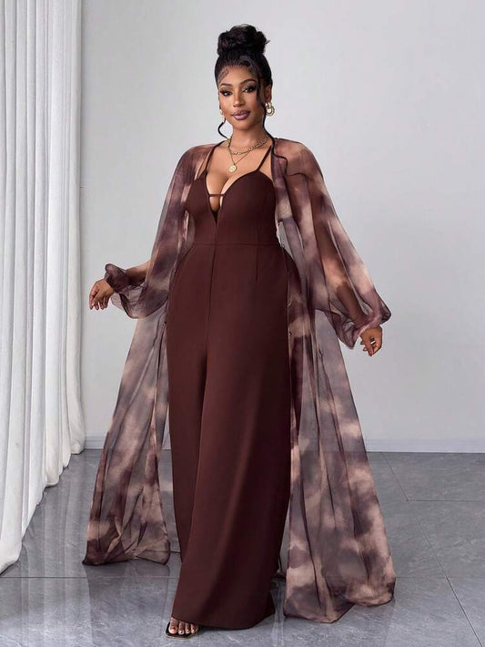 Tie-dye print lantern sleeve outerwear and wide leg jumpsuit in brown