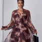 Tie-dye print lantern sleeve outerwear and wide leg jumpsuit in brown