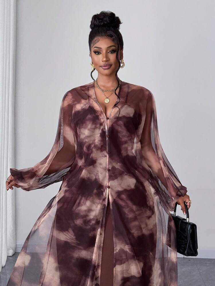 Tie-dye print lantern sleeve outerwear and wide leg jumpsuit in brown