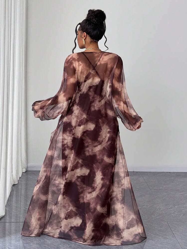 Tie-dye print lantern sleeve outerwear and wide leg jumpsuit in brown