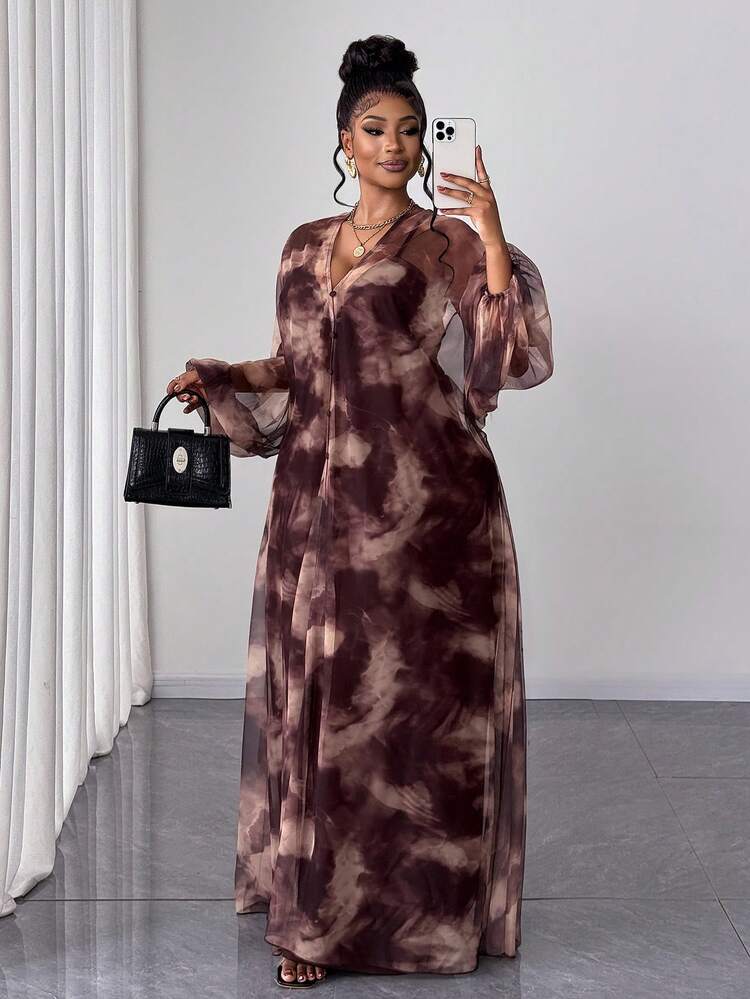 Tie-dye print lantern sleeve outerwear and wide leg jumpsuit in brown