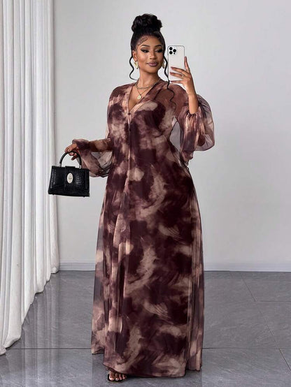 Tie-dye print lantern sleeve outerwear and wide leg jumpsuit in brown