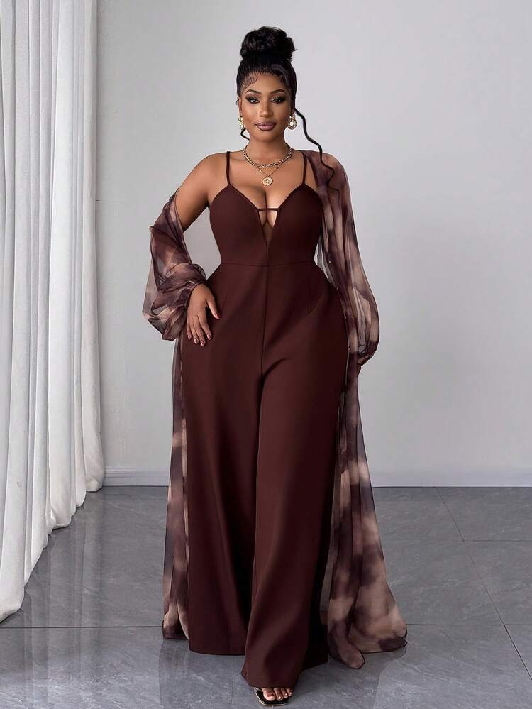 Tie-dye print lantern sleeve outerwear and wide leg jumpsuit in brown