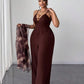 Tie-dye print lantern sleeve outerwear and wide leg jumpsuit in brown