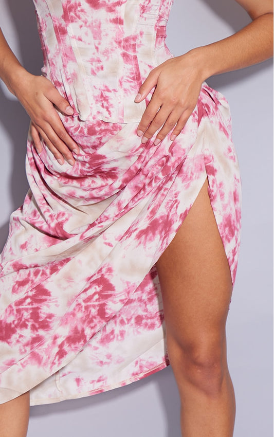 Tie dye ruched corset top & midi skirt in pink