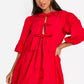 Tie front volume sleeve skater dress in red