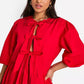 Tie front volume sleeve skater dress in red