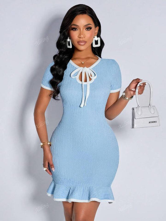 Tie neck ruffle hem mini in blue