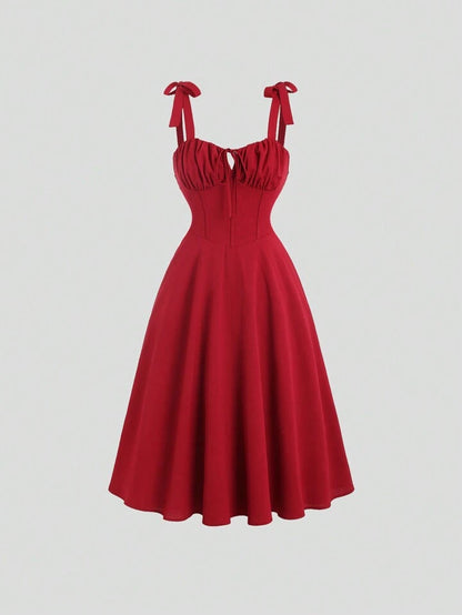 Tie strap pleated front midi dress in burgundy