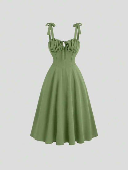 Tie strap pleated front midi dress in green