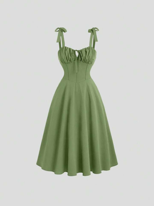 Tie strap pleated front midi dress in green