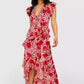 Tile print wrap ruffle maxi dress in red