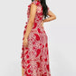 Tile print wrap ruffle maxi dress in red