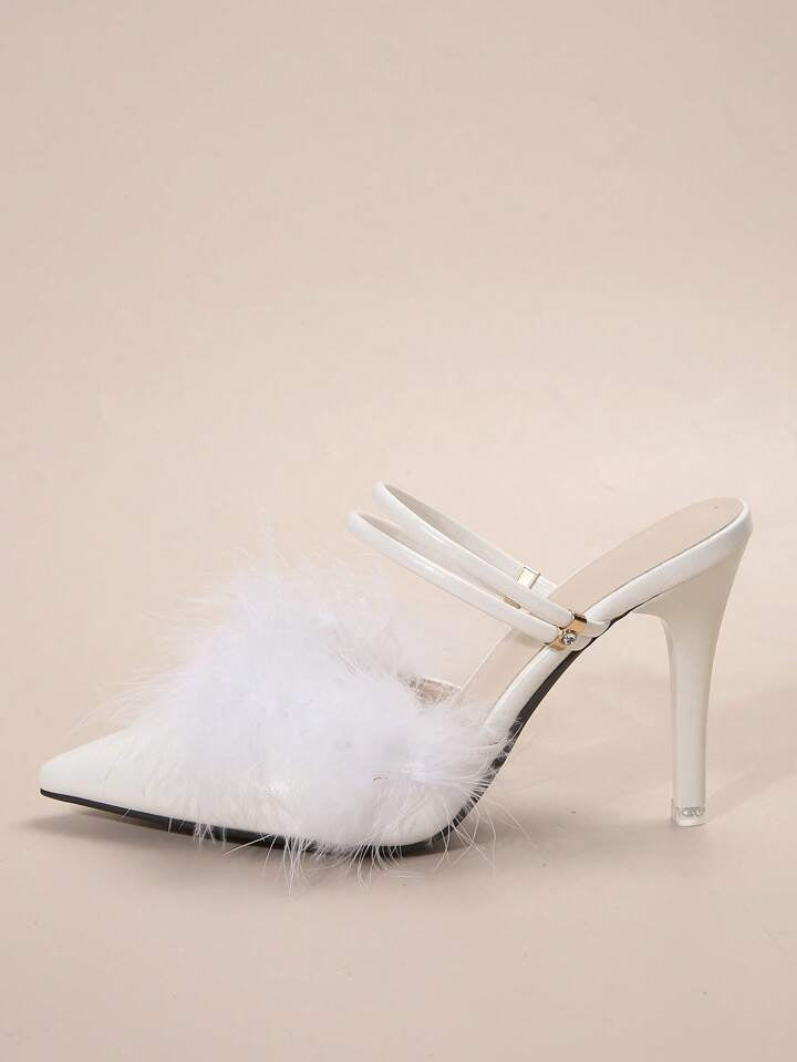 Toe furry high heel sandals in white