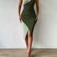 Two tone cut out one shoulder asymmetrical dress in green