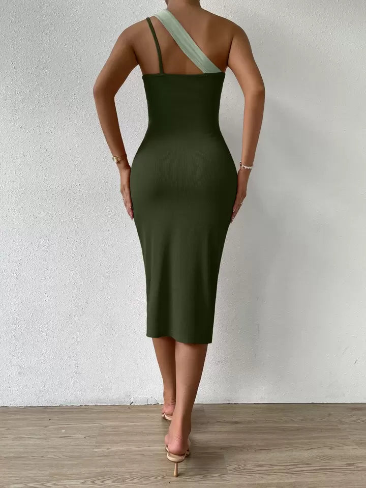 Two tone cut out one shoulder asymmetrical dress in green