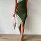 Two tone cut out one shoulder asymmetrical dress in green