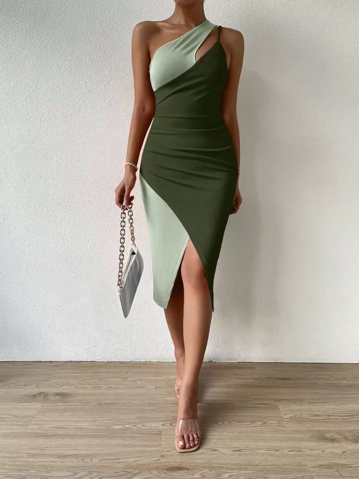 Two tone cut out one shoulder asymmetrical dress in green