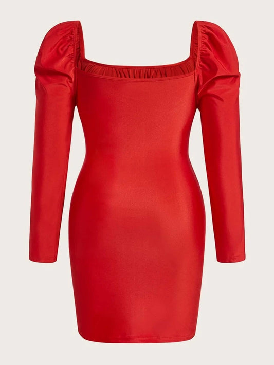 Unity plus ruched bust sqaure neck bodycon dress in red