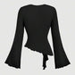 V-neck long sleeve top & metal buckle pants in black