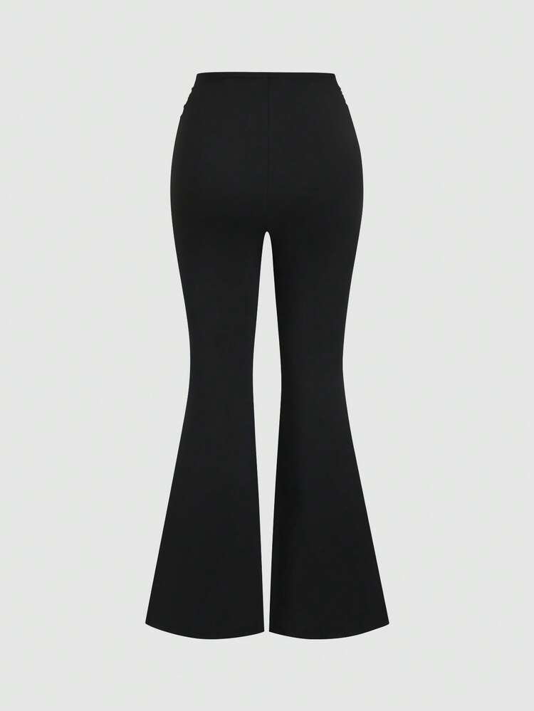 V-neck long sleeve top & metal buckle pants in black