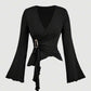 V-neck long sleeve top & metal buckle pants in black