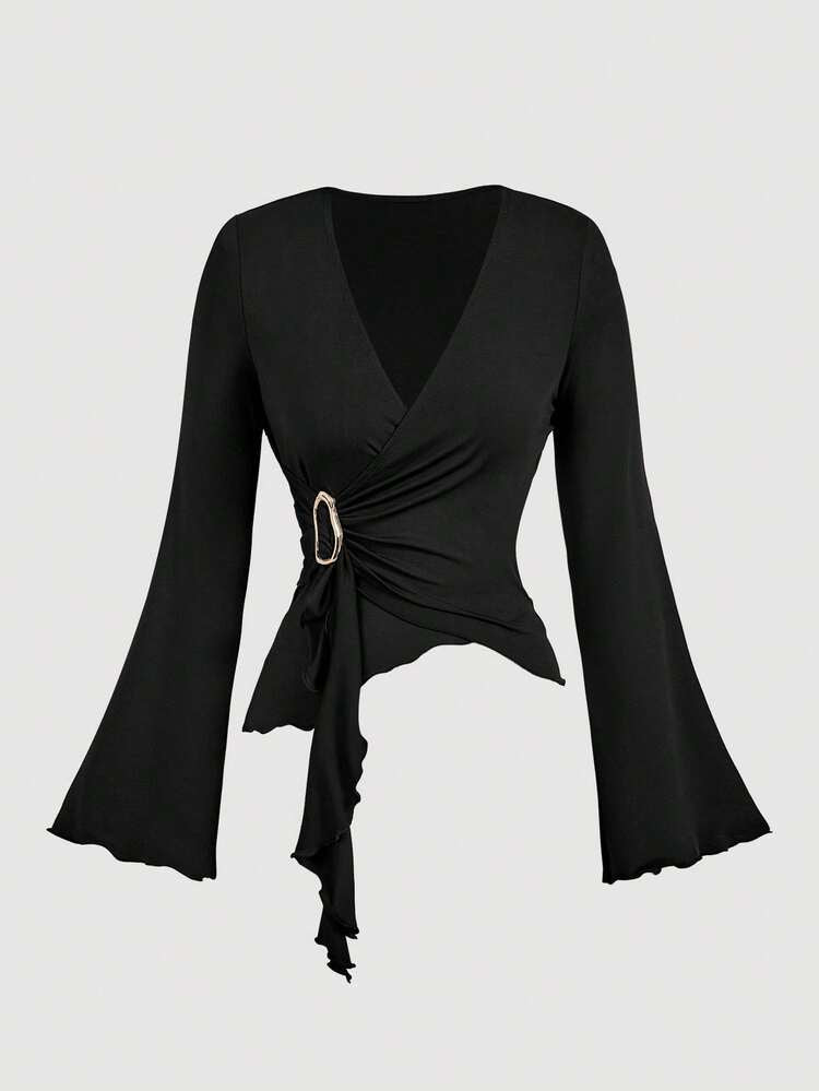 V-neck long sleeve top & metal buckle pants in black