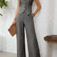 V neck button sleeveless vest & straight leg pants in grey