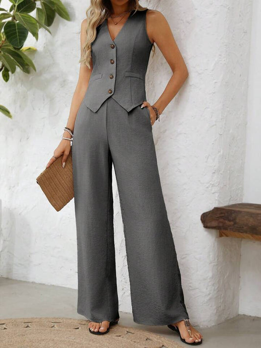 V neck button sleeveless vest & straight leg pants in grey