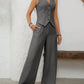 V neck button sleeveless vest & straight leg pants in grey