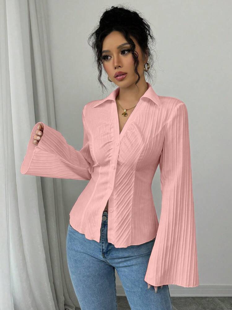 V neck collared ruched waist blouse in pink
