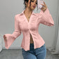 V neck collared ruched waist blouse in pink