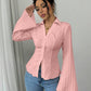 V neck collared ruched waist blouse in pink