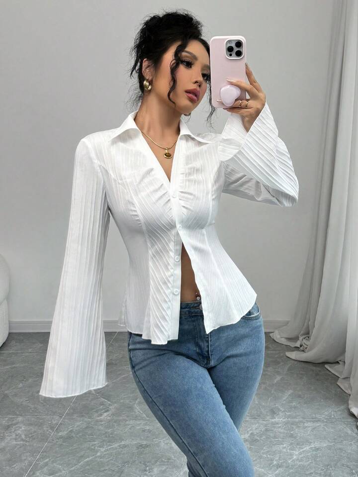 V neck collared ruched waist blouse in white