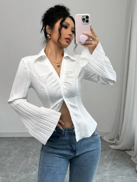 V neck collared ruched waist blouse in white