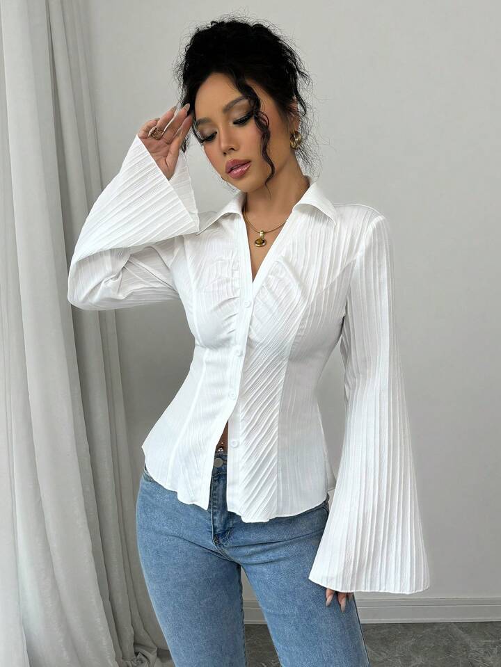 V neck collared ruched waist blouse in white