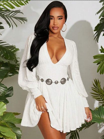 V neck hollow out lace mini dress in white