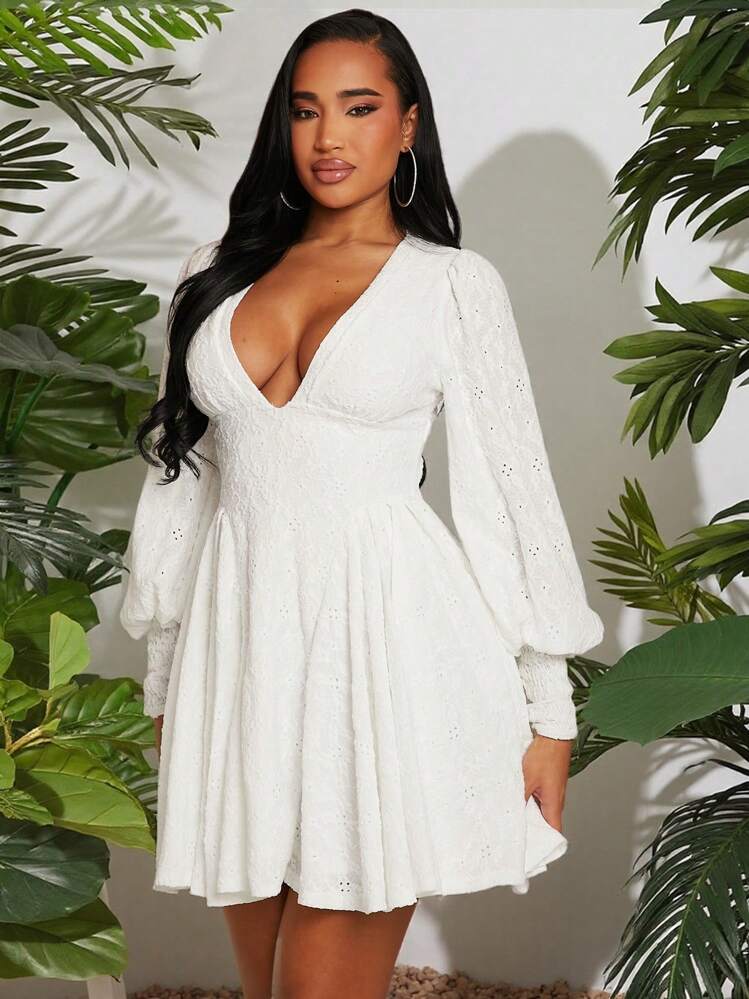 V neck hollow out lace mini dress in white