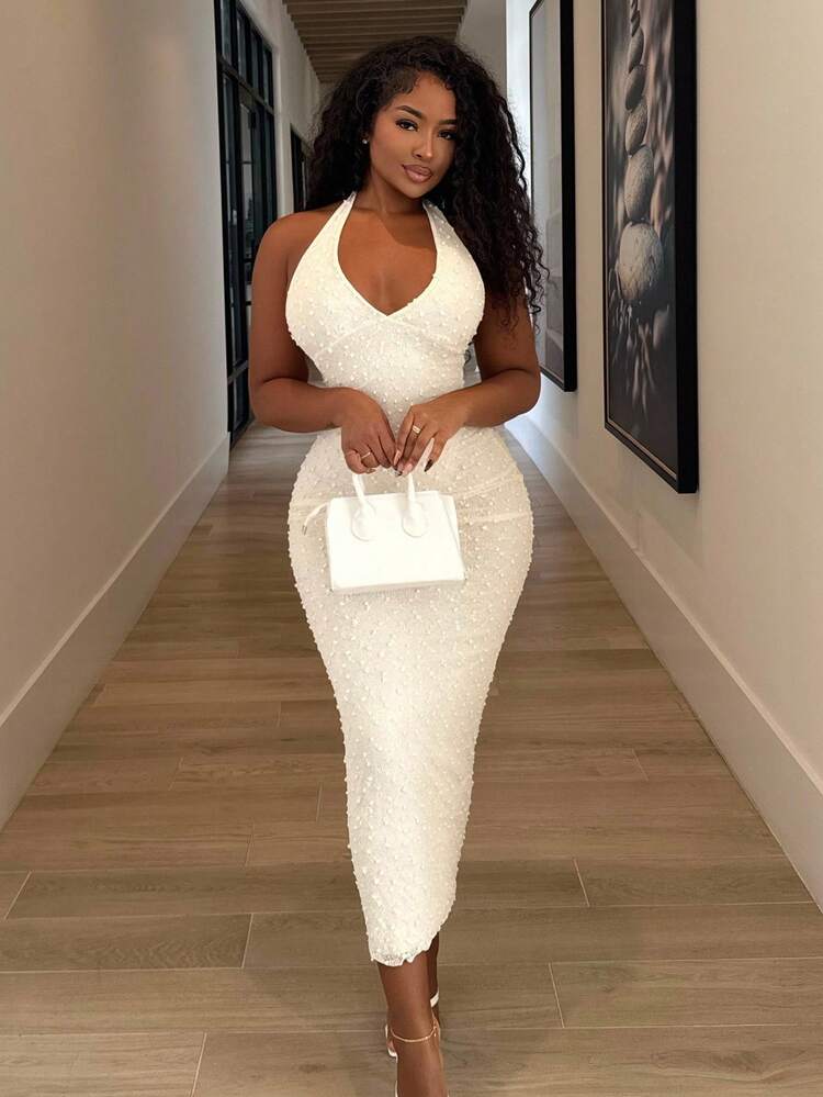 V neck textured slim fit maxi dress in nude