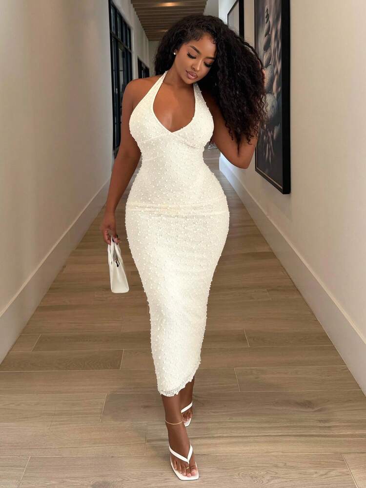 V neck textured slim fit maxi dress in nude