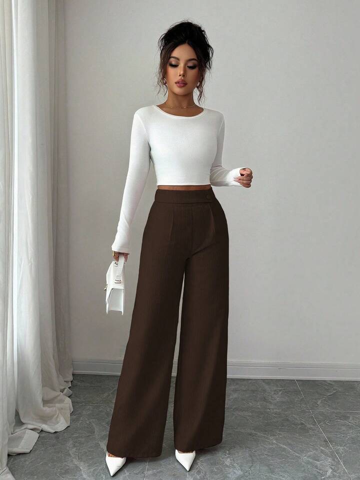 Waist front overlay straight pants in brown